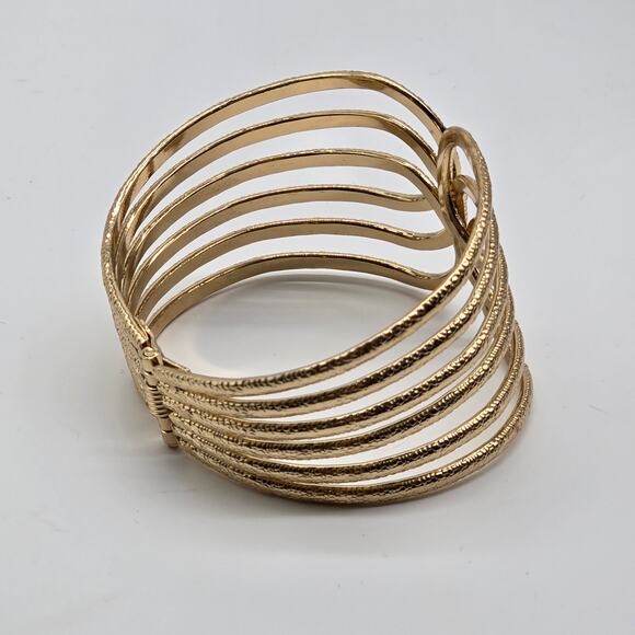 Front Open Gold Tone Textured Metal Hinged Fashion Wide Cuff Bracelet - Picture 6 of 9